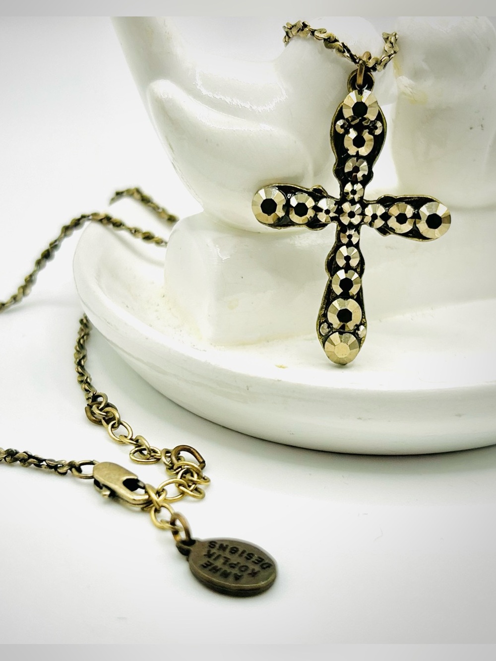 Swarovski Golden Champagne Sparkling Crystal Art Deco Vintage Cross Necklace